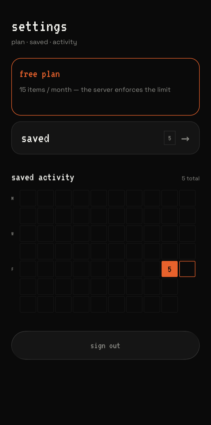 Reef's settings screen — plan, saved items and activity heatmap